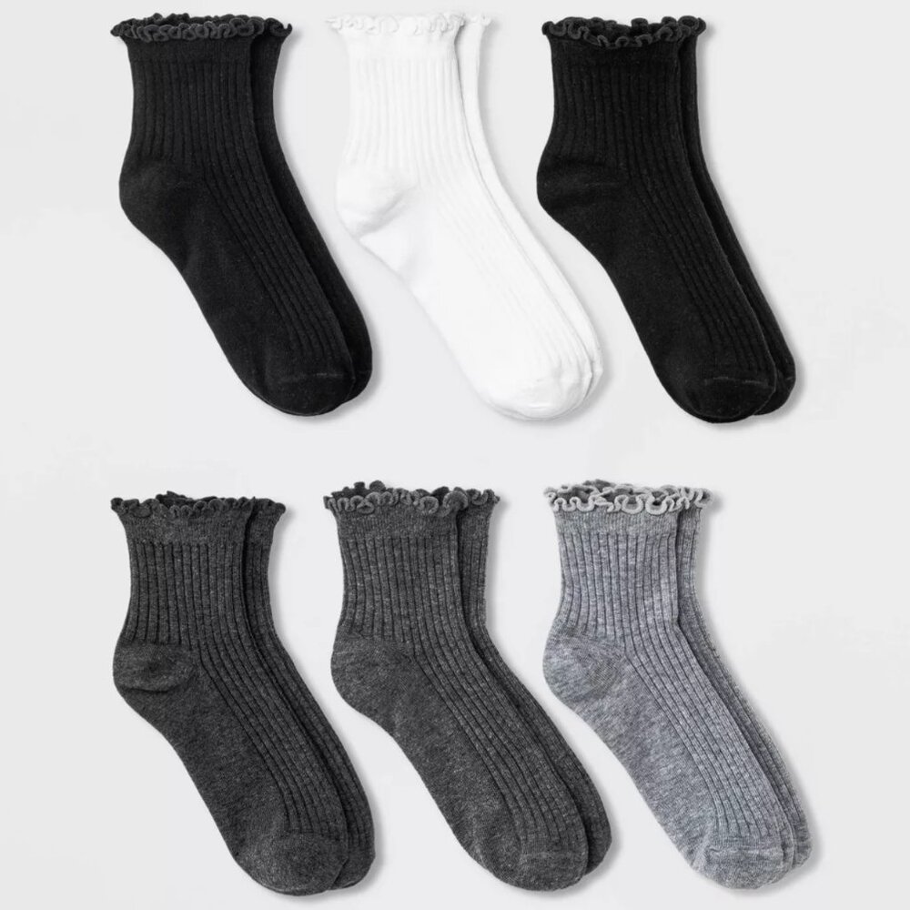 NWT Target Women's Lettuce Edge 6pk Ankle Socks A New Day Black White Gray 4-10